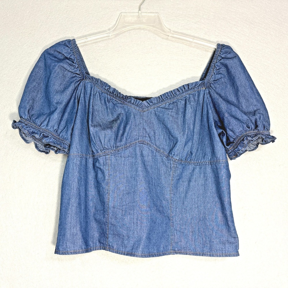 BCX‎ Smocked Puff Sleeve Top Womens Size M Blue Denim Cotton Cottagecore Boho